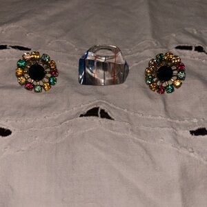 Vintage J Crew multi color Rhinestone Post earrings and vintage Gen X Ring